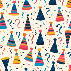 simple seamless New Year themed pattern, colorful party hats and streamers

