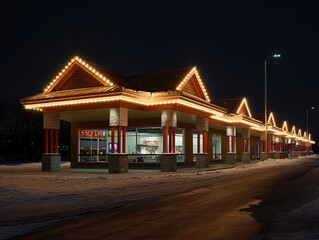 A building with a Christmas light display on it. The lights are on and the building is lit up