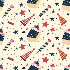 Fototapeta premium Simple Seamless Birthday Cake and Party Blowers Pattern