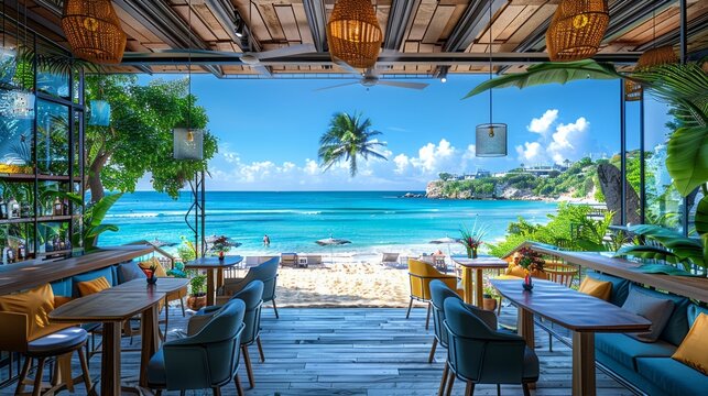 photo of a seaside cafe with the bar , blue sea, blue sky, Luxurious the overall atmosphere feels luxurious yet natural 39