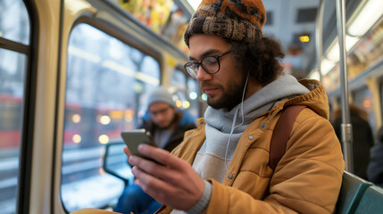 Young man using mobile phone while commuting by public transport.