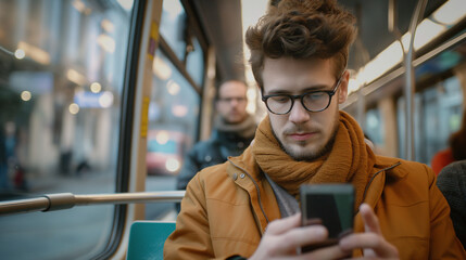 Young man using mobile phone while commuting by public transport.