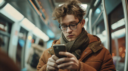 Young man using mobile phone while commuting by public transport.