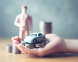 Fototapeta premium House and toy car on a pile of coins in the palm of a businessman, generative ai art