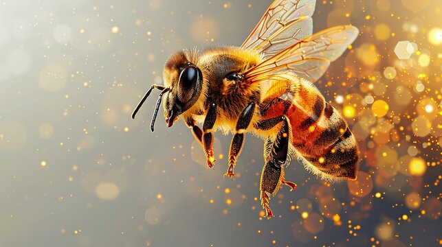   A close-up image of a bee flying in the air surrounded by a halo of light, with a blurred background
