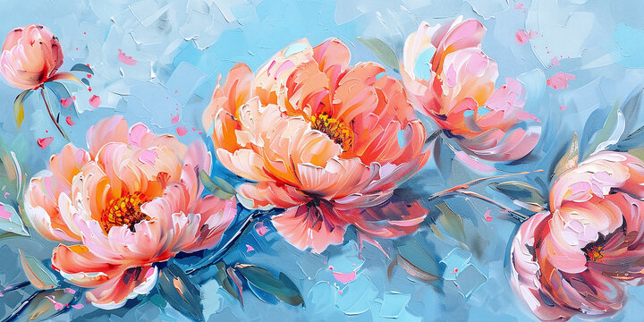 peach-colored peony flowers on soft blue painted from acrylic oil bright paint large strokes