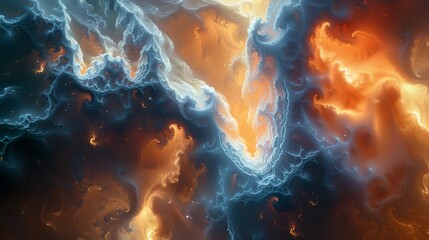   A computed image of a blue-yellow fire and ice pattern against black backdrop, adorned with white and orange swirls on its left side