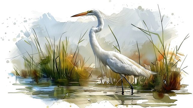   A watercolor depiction of an elegant white egret perched amidst lush grasses and reeds in a tranquil pond
