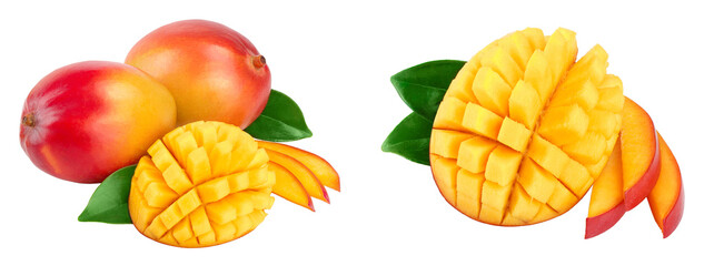 Mango fruit half with leaves and slices isolated on white background close-up