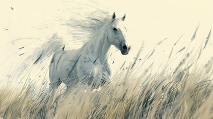   A white horse gallops across tall grass as wind whips its mane - obrazy, fototapety, plakaty