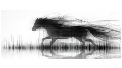   A photo of a horse galloping through water with its mane billowing