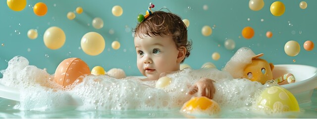 a baby bathes in a bubble bath. selective focus