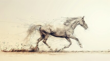 Fototapeta premium A white horse gallops through a dusty landscape