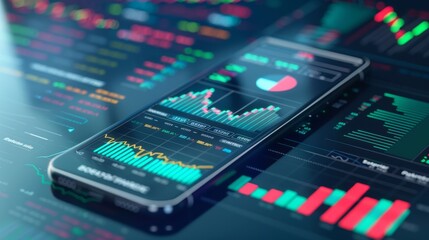 Fototapeta premium Modern Fintech Technology Smartphone Interface with Dynamic Graphs and Digital Currencies Concept of Digital Economy and Investment Trends