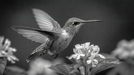   A Hummingbird Perched on a Flower with Wings Spread