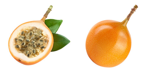 Granadilla or yellow passion fruit half with leaf isolated on white background