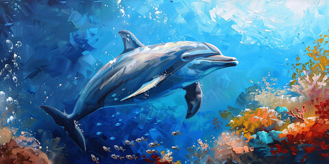 dolphin in the underwater world with acrylic oil, bright paint, large strokes
