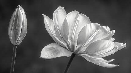   A black and white photo of a single flower in focus, against a blurred background