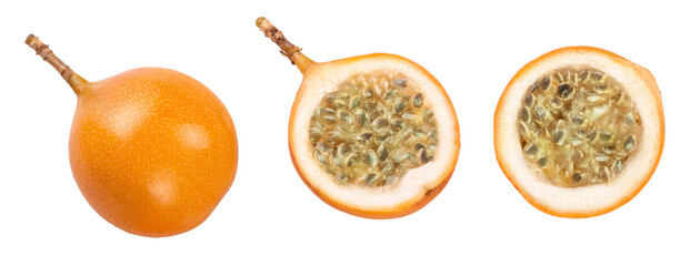 Granadilla or yellow passion fruit isolated on white background. Top view. Flat lay. Set or...