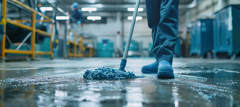 Industrial cleanliness with a human touch. Factory worker mopping the floor