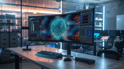 CuttingEdge AI Technology Illuminated Neural Network on Curved Monitor in Research Lab
