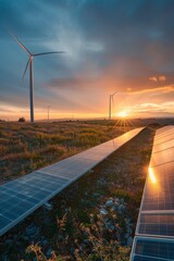  Solar panels and wind turbines at sunset.