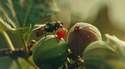 A closeup of two flies sitting on green figs, with one of the figures holding an apple in its mouth