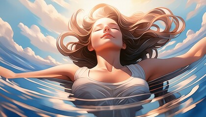 woman in the sea. The water is calm, reflecting the sky above, and the young woman is lying back, her hair fan.
