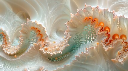   A tight shot of a textured wallpaper, white and orange hues, displaying wave-like swirls and bubbles