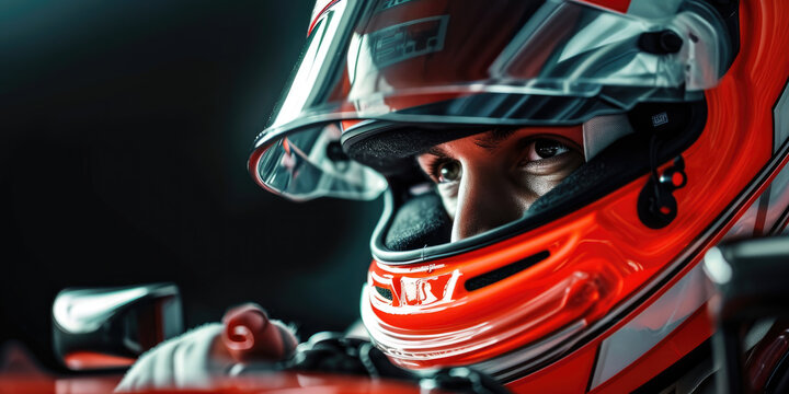  A close-up of a racecar driver's helmet and face.