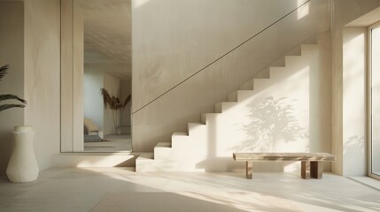 An entrance and staircase area in minimalist style, with a focus on light and open space. Simple...
