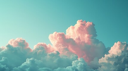 white fluffy cumulus clouds reaching high into the atmosphere with one centre cloud coloured pink