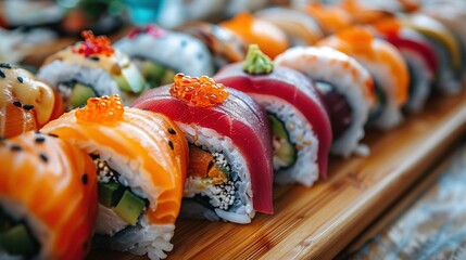  A row of sushi rolls sits atop a wooden cutting board - obrazy, fototapety, plakaty