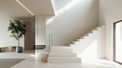 An entrance and staircase area in minimalist style, with a focus on light and open space