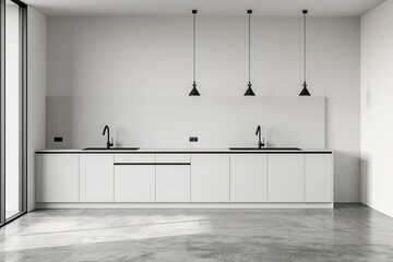 A photo of a small, minimalist Burgundian kitchen with white kitchen cabinets and black handles. The kitchen features polished concrete floors - obrazy, fototapety, plakaty