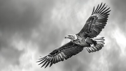 Obraz premium A stunning monochromatic picture of an eagle flying freely with spread wings against a backdrop of fluffy clouds