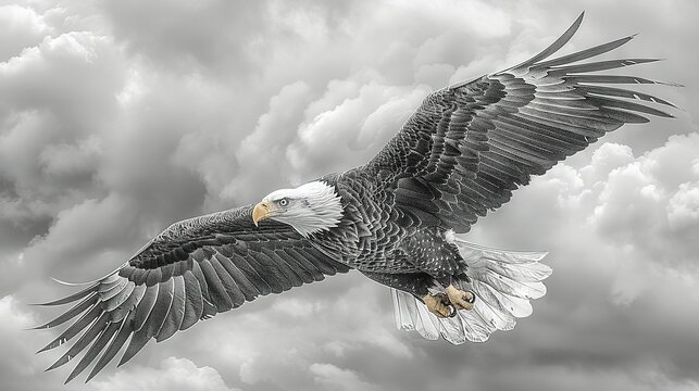   A high-quality, monochromatic picture of a majestic bald eagle soaring through the sky, with its grandiose wings outstretched against the backdrop of an over