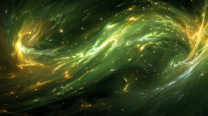   a swirl composed of green, yellow, blue, yellow, yellow, green, and white hues, featuring stars in the center