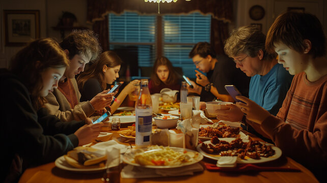 Family Dinner Scene: Everyone Distracted by Their Phones
