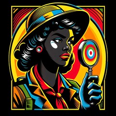 woman is a detective looking through magnifying glass search. Vector illustration in pop art retro comics style.