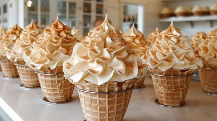   A set of ice cream cones arranged on a white countertop beside one another