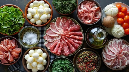   A table displays various meat and vegetable dishes in bowls alongside eggs and tomatoes