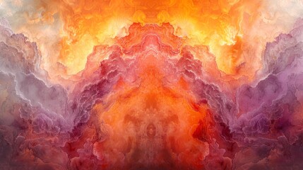   An abstract image featuring orange, pink, and purple cloud formations centered around a red focal point