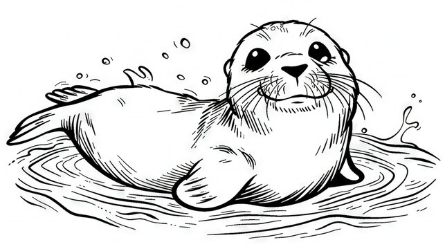   A black-and-white illustration depicts a sea lion swimming on water with its head raised above the surface