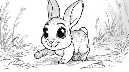   A B&W illustration depicts a rabbit with a carrot in its mouth and background foliage