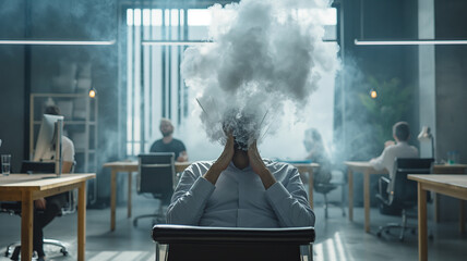 In an office setting, a person holds their head in frustration amidst a foggy atmosphere, symbolizing the struggle of navigating through cognitive fog brought on by overwork