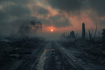 Naklejka na ściany i meble Dreary apocalyptic landscape with sun setting among ruins