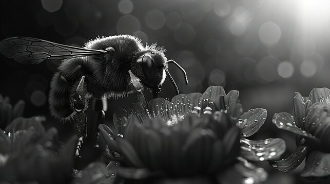   A monochromatic image featuring a bee perched on a flower, with water droplets on its hind legs