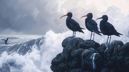 three black oystercatchers stand on the edge of an ocean cliff, with waves crashing in the...