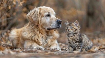   Dog and kitten on grass with tree background